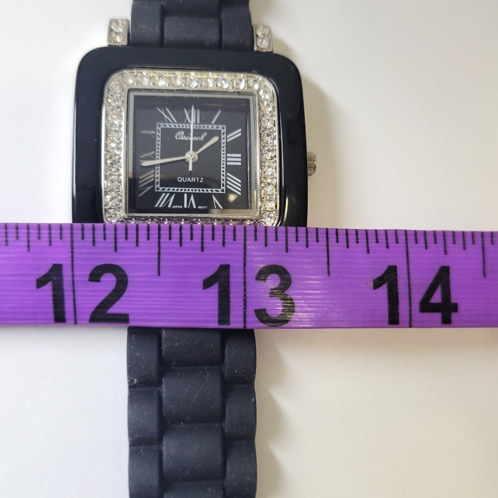 OSIROCK Black Quartz Wrist Watch Rhinestone Square Adjustable Silicone Band - Picture 7 of 15